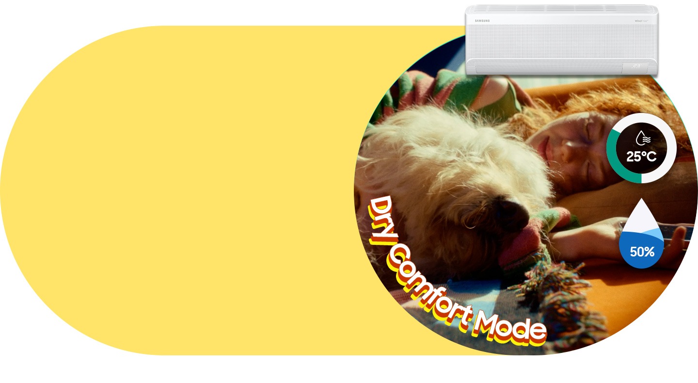 The WindFree AC is positioned above a woman lying in bed with her dog. With “Dry Comfort Mode” shown, the blades remain closed as a gentle breeze flows. On the right side of the screen, the temperature decreases from 28°C to 25°C, and the humidity level drops from 90% to 50%. The scene changes, showing the woman and her dog adjusting their positions, peacefully asleep.