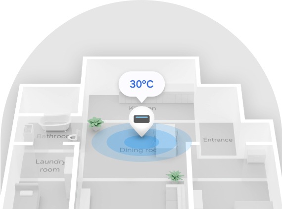 There's a map view of a home's floor plan. At center, the dining room features an AC icon, indicating a temperature of 30°C.