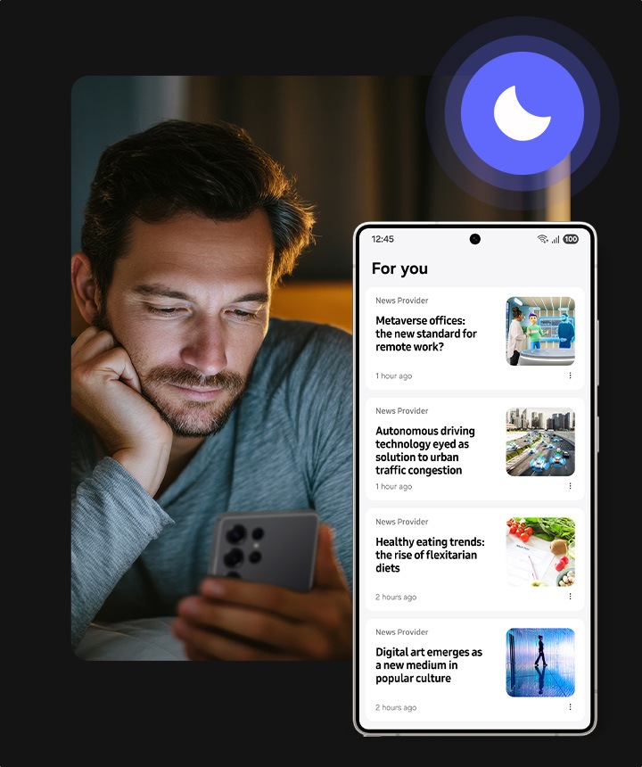 During the daytime, a woman looks at a Galaxy smartphone she's holding, which displays the Sports section of the Samsung News app. The scene transitions to nighttime, where a different person looks at a Galaxy smartphone showing the For you section of the Samsung News app.