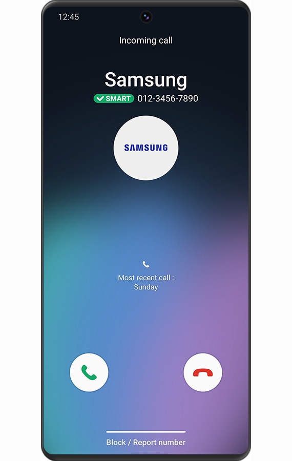 A smartphone screen showing an incoming call from SAMSUNG. The screen image is displayed in blue and purple based on the caller’s photo.