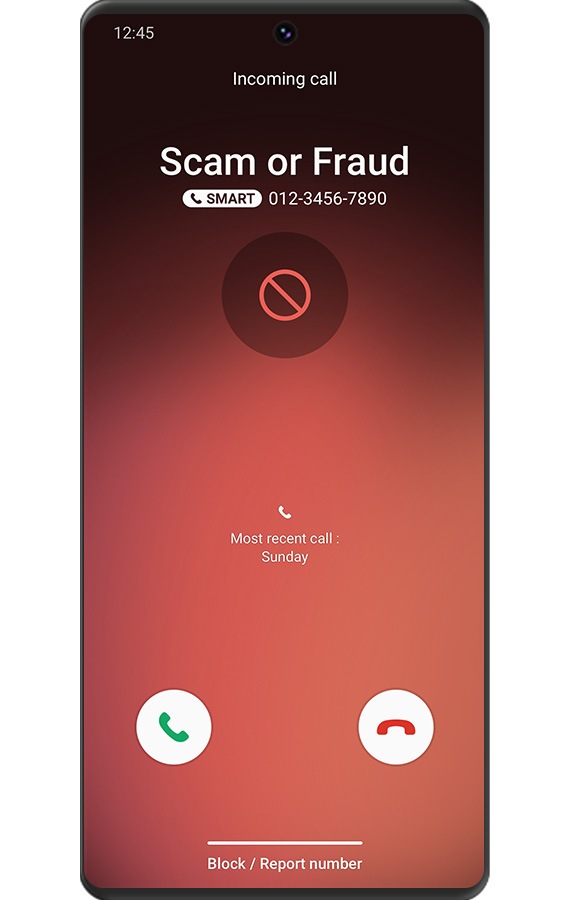 A smartphone screen showing the incoming call is either a scam or fraud. The screen image is displayed in red.