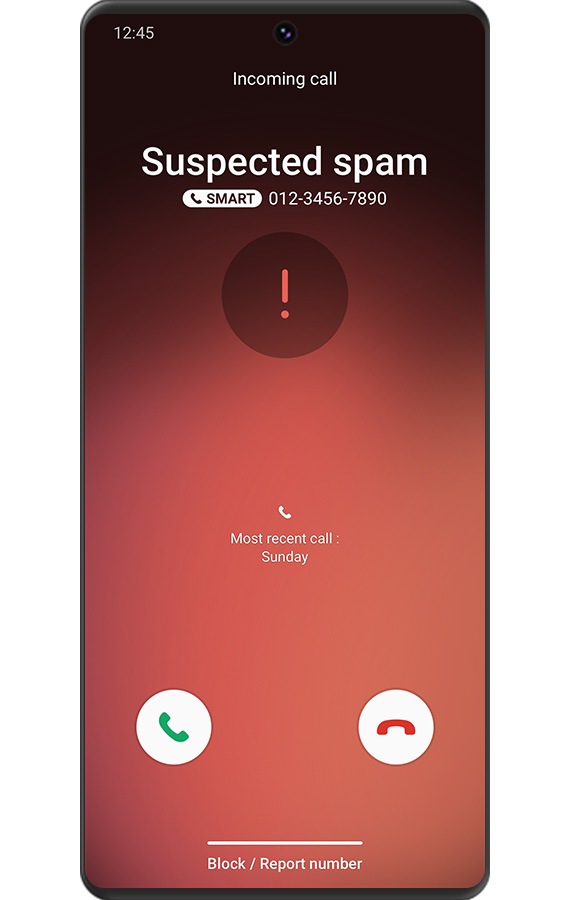 A smartphone screen showing the incoming call is suspected spam. The screen image is displayed in red.