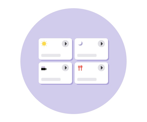 A purple circle has four squares and each card has various icons, incluing the sun, moon, and a spoon and fork. The final step is to set up routines and control devices. Create routines to control multiple devices simultaneously, and quickly control your devices from the device cards.