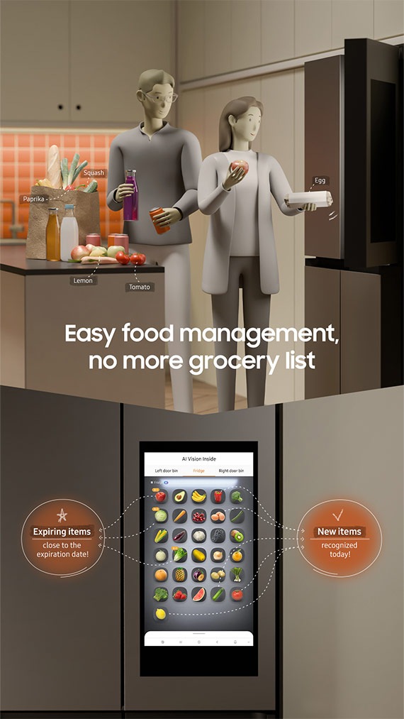 A couple unpacks groceries in the refrigerator. A woman holds an apple and a carton of eggs. A man next to her holds some beverages. There is some paprikas and a squash in a paper bag. A bottle of milk, lemon, two tomatoes are on the countertop. Easy food management, no more grocery list. Below, a close-up of the refrigerator screen indicates the list of what is in the fridge using AI Vision Inside. On the left is an illustration with the text expiring items close to the expiration date. On the right is an illustration that says new items recognized today!