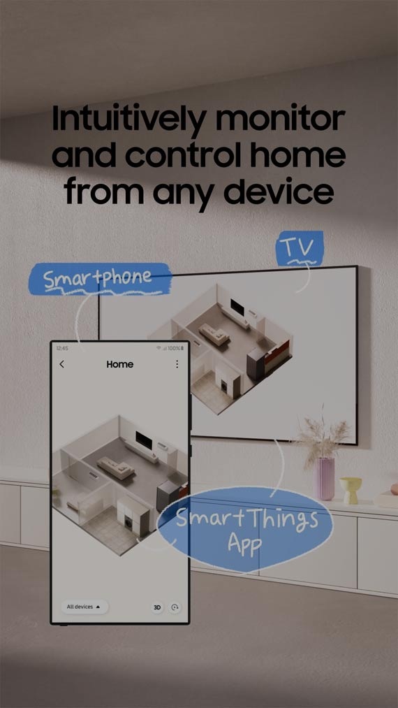 BESPOKE AI meets SmartThings series 5. Map View. Too many connected devices at home? Open Map View in the SmartThings mobile app and create a map of your home using three methods. A hand icon selects the first option: get a map from robot cleaner. Jet Bot Combo AI scans room sizes to complete the map. Click Next to check the completed map in the Edit Map View and click Done. A hand icon selects the second option: take a picture of your floor plan. Your hand drawings also work to create layouts. Lastly, arrange rooms and walls manually, adding rooms like the bedroom, laundry room, and kitchen. Check all devices and their energy usage status at a glance by selecting each device in Map View on the Family Hub refrigerator screen and click Start. You can control the Combo Washer from Family Hub or the Air Conditioner from the Combo Washer. Intuitively monitor and control your home from any device, such as a TV or smartphone, through the SmartThings app.