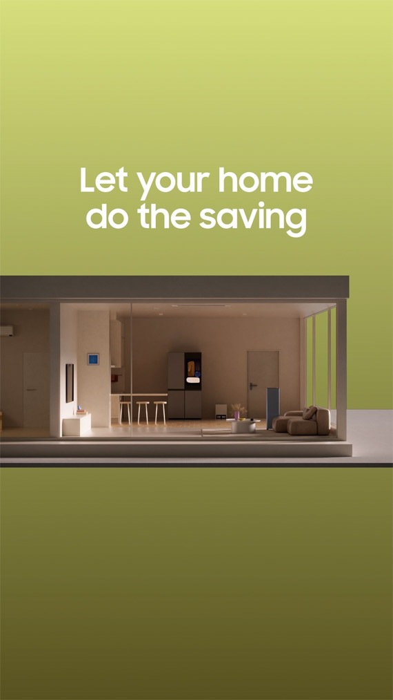 BESPOKE AI meets SmartThings series 8. SmartThings Energy Away Mode. Forgot to turn off appliances when leaving home? When no movement is detected, the air conditioner automatically goes to Away mode. When you drive away and leave the house, location based activation turns off home appliances. TV OFF, Air conditioner Away mode, Air purifier Away mode, Lighting OFF, and Air conditioner OFF. Let your home do the saving.