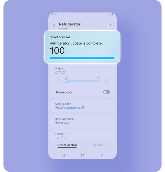 Smart Forward pop-up indicates that the refrigerator update is 100% complete.