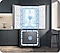 The two doors of the Samsung Bespoke refrigerator are open. Blue arrows that surround the fridge and freezer separately, 2 different icons, and white mist inside the compartments indicate a Twin Cooling System that uses independent evaporators and fans.