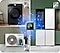 A Samsung Laundry Combo, Bespoke fridge with Family Hub, and an AC outdoor unit surround an AI prosessor chip which is connected to them with illustrated blue circuitry. A 20-year warranty on Digital Inverter Motor badge is on the top right of the washer, and a 20-year warranty on AI Inverter Compressor badge is on the top right of the fridge, and a 10-year warranty on AI Inverter Compressor badge is on the bottom right of the AC outdoor unit.