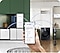 A hand holds a phone with the SmartThings app onscreen. The phone is connected to a Bespoke fridge, washer, dishwasher, vacuum cleaner and air conditioner as illustrated by blue lines. AI Energy Mode is on.