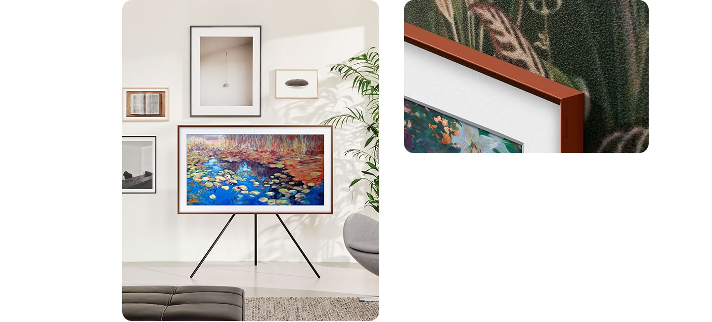 The Frame is placed on a stand displayed next to pictures on a wall. A corner of a customizable frame is on display and keeps changing its bezels.
