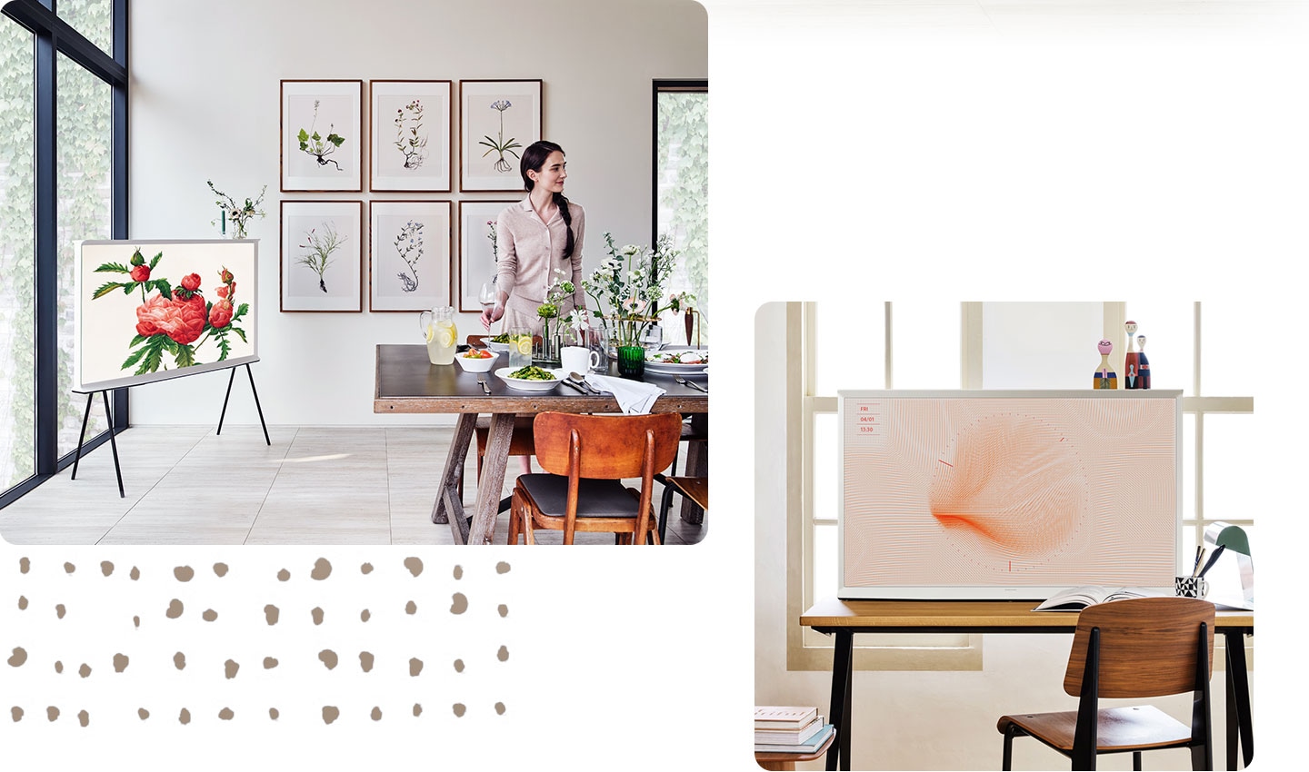 The Serif is placed on a stand next to a table full of food. The Serif is placed on a stand next to a chair. The Serif is placed on top of a table without a stand. The Serif is placed on a stand facing a table.