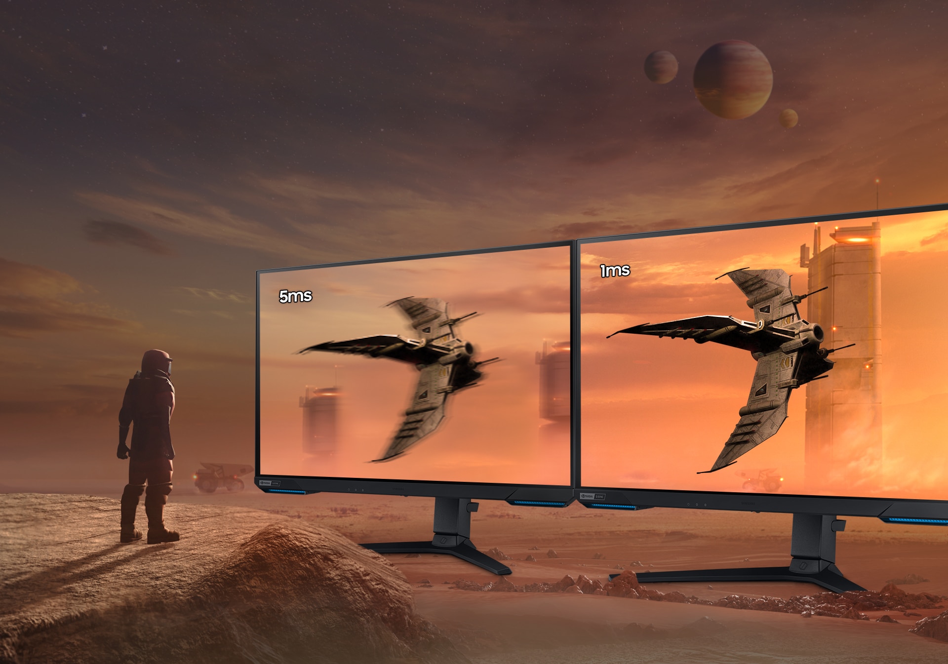 An astronaut explorer appears on a cliff on an orange and gray desert planet. To their right is two G70A monitors showing the same spaceship flying past windowless buildings. The left monitor appears blurry and has the words “5ms” above it while the right appears smooth and shows the words “1ms” above it
