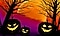 A digitally illustrated image of three menacing jack-o'-lanterns in front of spooky trees and a moon in a twilight sky.