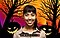 A spooky illustration of a video chat virtual background with Microsoft Teams interface elements. A woman sits in front of the background. Three glowing, menacing-looking jack-o'-lanterns sit in front of two black trees. In the background is a twilight sky of orange, yellow, purple, and red with a large moon in the center.