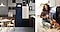 Double door Samsung Bespoke in a kitchen, with blue, cream and black panels. A lady with a small dog enjoying the Samsung bespoke features, smiling.