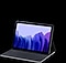 A product shot of a Galaxy Tab A7 propped open like an easel via its book cover.