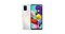 A rearview and front-facing view of a white Galaxy A51 with multi-coloured stuffed animals on display.