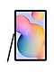 A front-facing view of a Galaxy Tab S6 Lite with multicoloured bubbles on screen and a grey S Pen leaned against its left side
