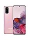 A front and rearview of a pink Galaxy S20 phone with red and purple floral art on screen