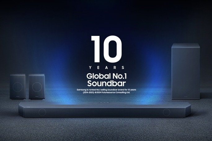 A Samsung Soundbar is accompanied by a subwoofer and rear speakers. 10 years Global No. 1 Soundbar. Samsung is ranked No. 1 selling Soundbar brand for 10 years. Applied years 2014-2023. © 2024 FutureSource Consulting Ltd.