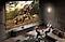 Deux jeunes déguisés en animaux regardent deux dinosaures sur le grand écran du téléviseur géant Samsung dans un salon.