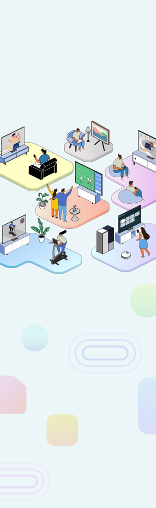 Six different scenarios for using Samsung Smart TVs are shown, including exercising, watching sports, connecting a smart home, gaming, reading with an ambient screen and watching a cooking show.