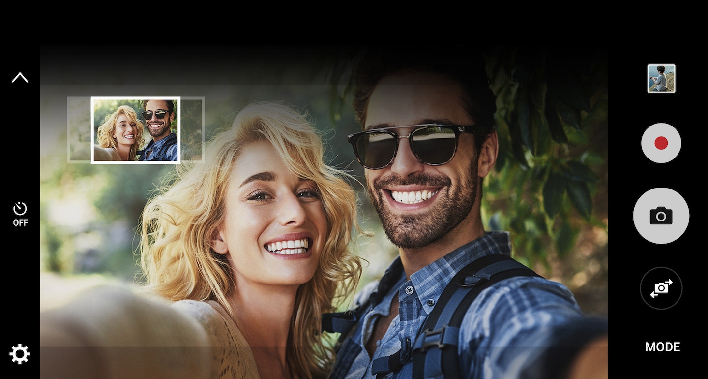 Smartphone Samsung Galaxy J5 Prime enfatizando o módulo Wide Selfie. Selfies mais amplas sem perder qualidade.