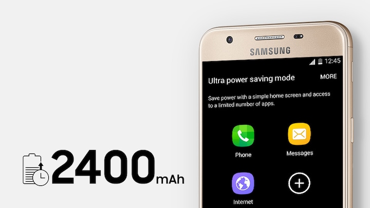 Smartphone Samsung Galaxy J5 Prime enfatizando a bateria de longa duração e capacidade de 2400mAh.