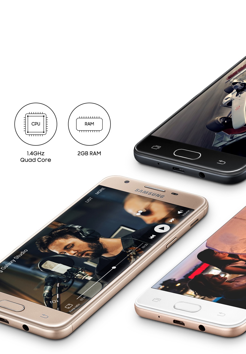 Smartphone Samsung Galaxy J5 Prime enfatizando a velocidade do processador de 1.4 GHz Quad Core e memória RAM de 2GB.