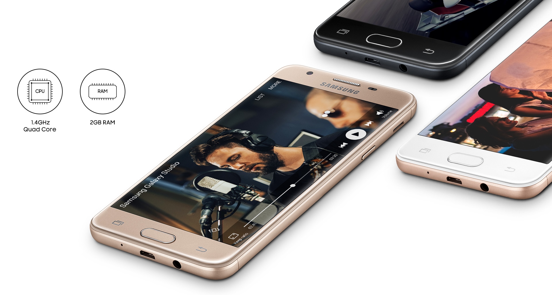 Smartphone Samsung Galaxy J5 Prime enfatizando a velocidade do processador de 1.4 GHz Quad Core e memória RAM de 2GB.