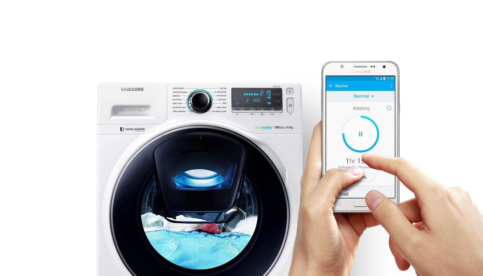 An image showing a user stopping the WW7500 while it is in mid-cycle, using their smartphone's smart control function.