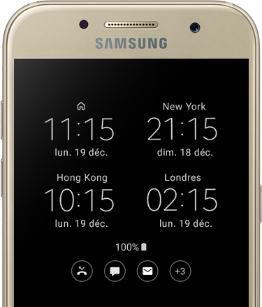 Affichez la date et l'heure instantanément ainsi que différents fuseaux horaires sur le Galaxy A3 (2017).