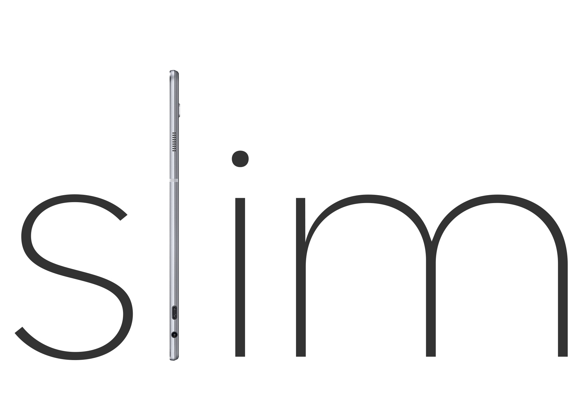 Il Galaxy TabPro S è in piedi di lato e prende il posto della lettera L nella parola SLIM