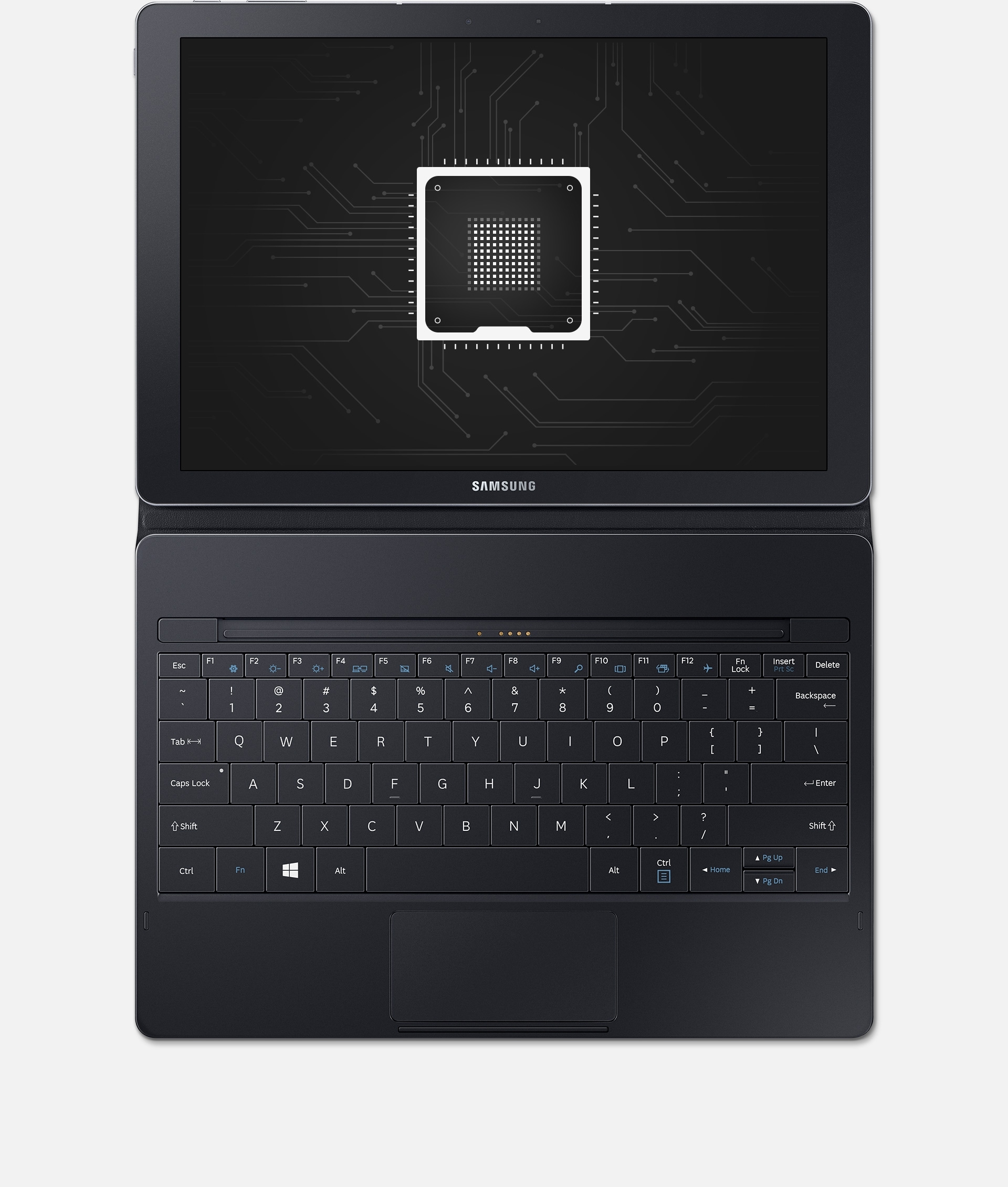 Galaxy TabPro S con un'immagine simulata di un processore sullo schermo. Le frecce che indicano i tasti della tastiera sono più grandi del 40%
