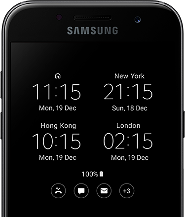 Visualisation instantanée de la date et l'heure de différents fuseaux horaires sur le Galaxy A3 (2017) grâce à la fonction Always on Display.