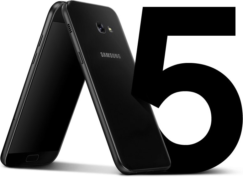 Vorder- und Seitenansicht des Galaxy A5 (2017), die das formschöne, symmetrische Design betonen.