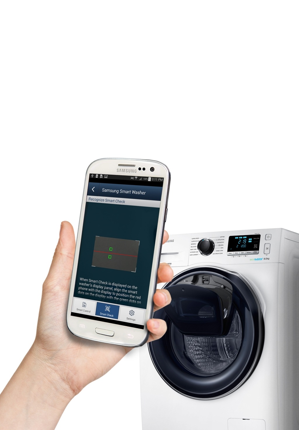 An image showing a user diagnosing washing machine issues on their smartphone next to a WW6500 machine.