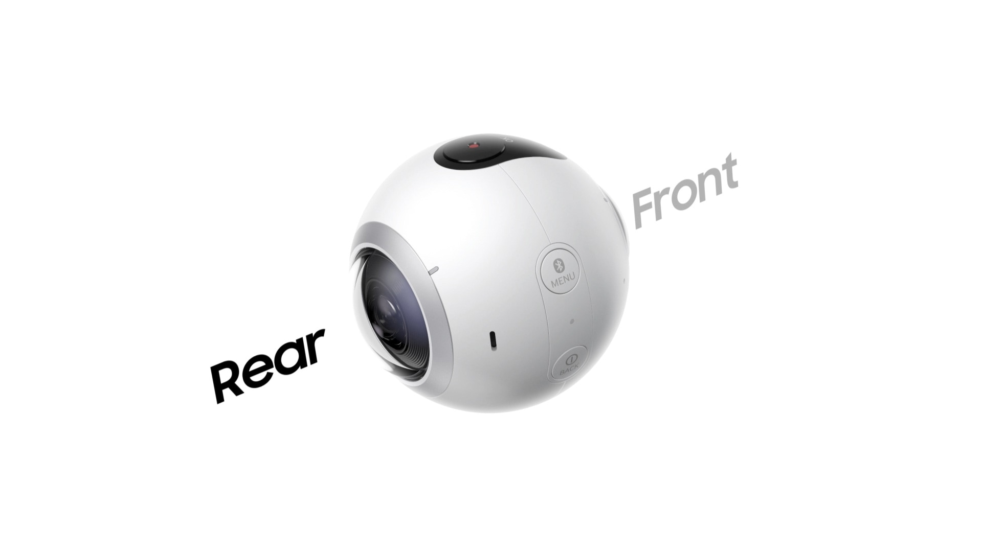 Side view of Gear 360 with a clear view of the rear lens as it faces the left.