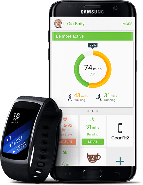 Galaxy S7 edge next to Gear Fit2 showing fitness and health stats synced from Gear Fit2