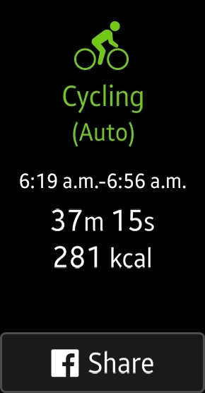 Screenshot of cycling stats from auto tracking mode on Gear Fit2 with a button to share the results to facebook