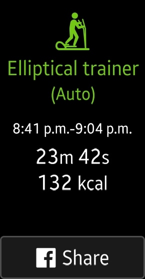 Screenshot of elliptical stats from auto tracking mode on Gear Fit2 with a button to share the results to facebook