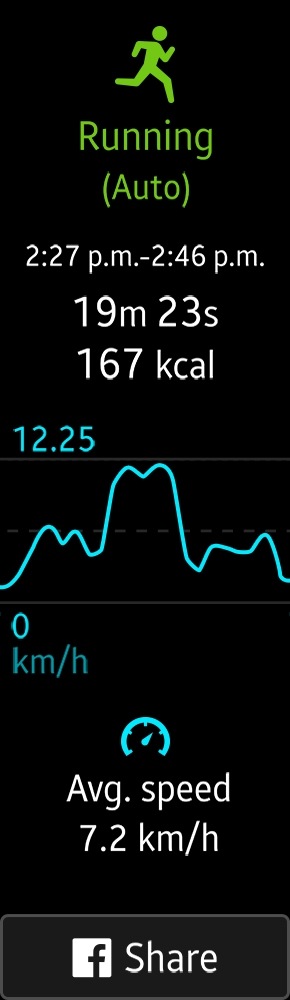 Display screenshot of running stats from auto tracking mode on Gear Fit2 with a button to share the results to facebook