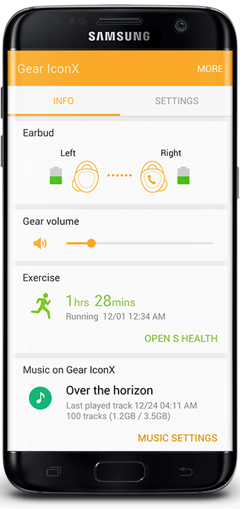 Galaxy S7 edge with interface showing the Galaxy S7 edge synced with Gear IconX  