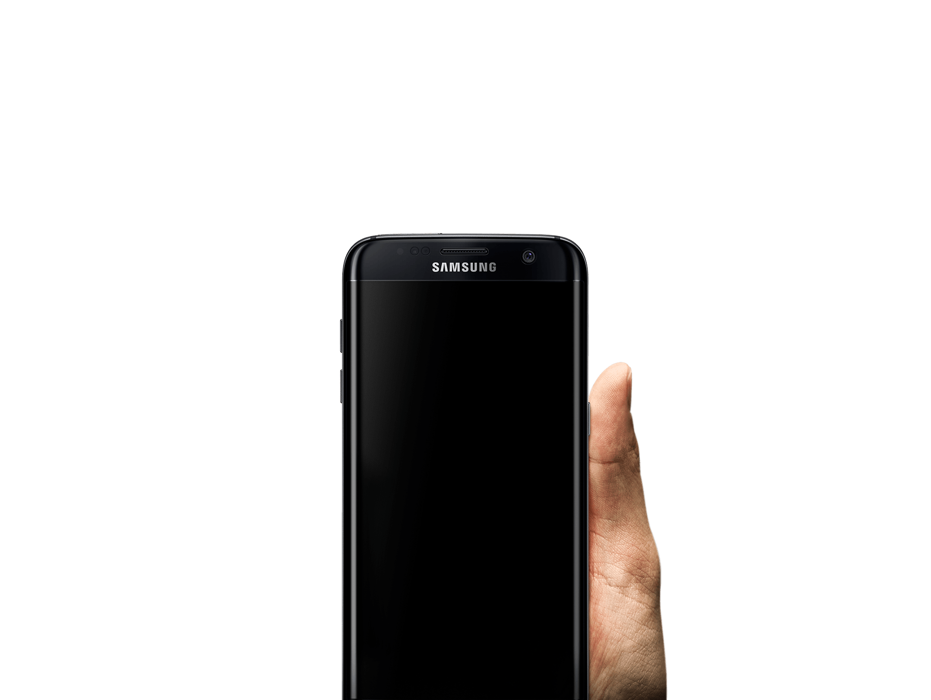 Galaxy S7 Edge در دستی که آن را جلوی تصویر پس‌زمینه‌ای با کنتراست بالا گرفته است