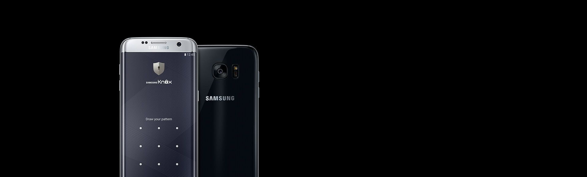 Устройство Galaxy S7 Edge с экраном входа в Samsung Knox (вид спереди и сзади)