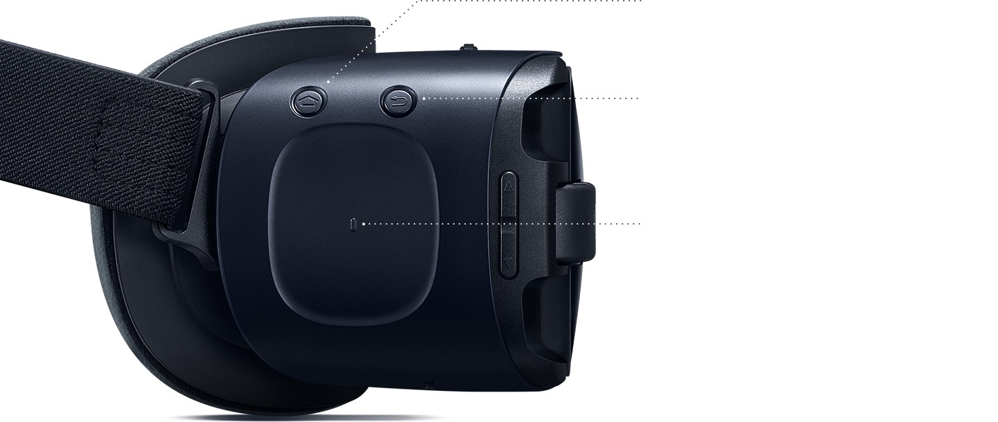 Gear VR visto da sinistra con il pulsante Home, il pulsante Indietro e touch pad