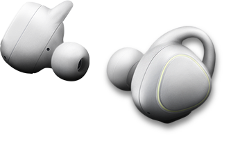 A pair of white Gear IconX that consists of the left and right earbuds