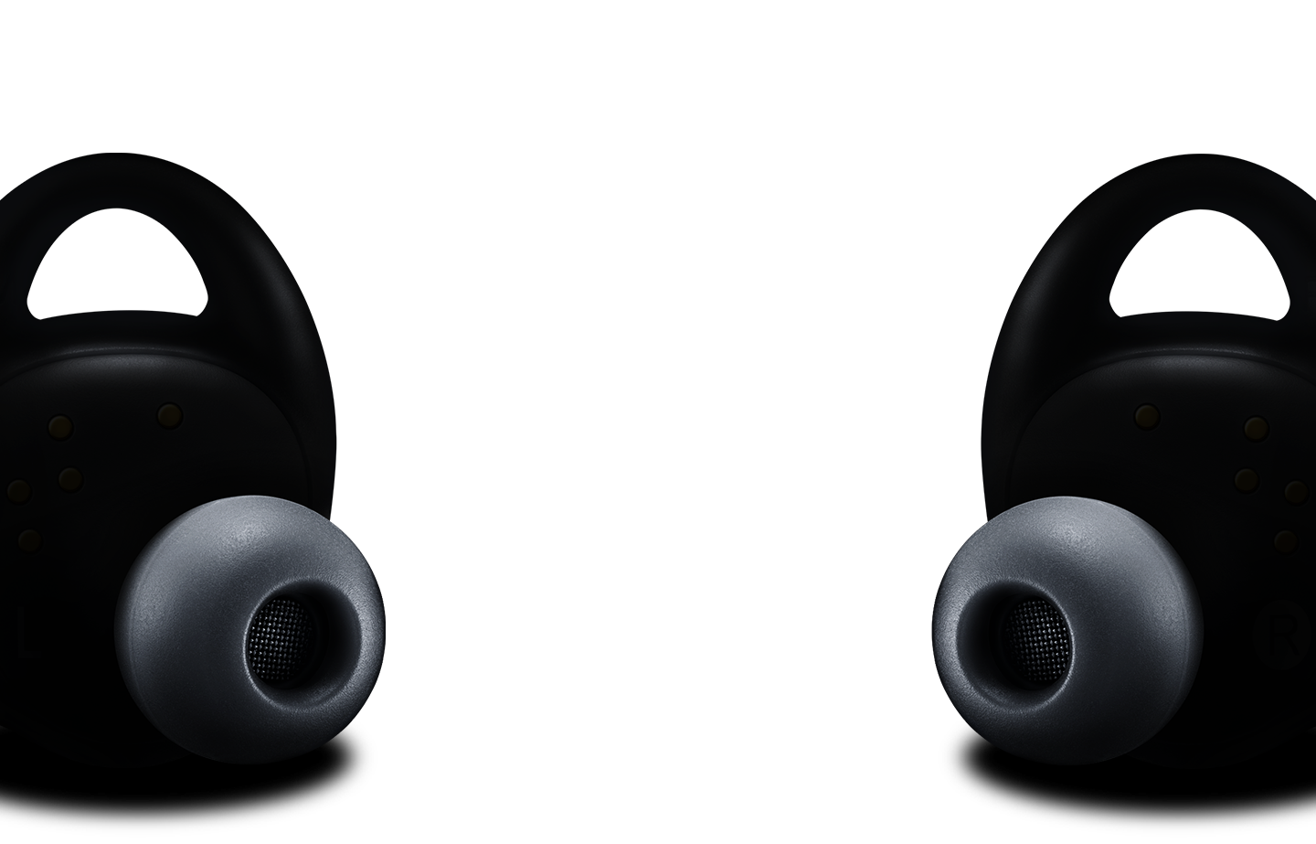 A pair of Gear IconX in black that consists of the left and right earbuds