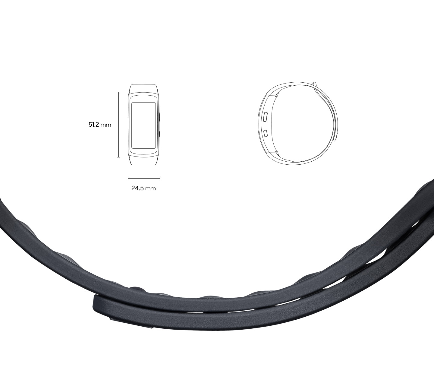 Gear fit2 of size 51.2mm by 24.5mm seen from the front and from the side in small size and large size along with a closeup of the band